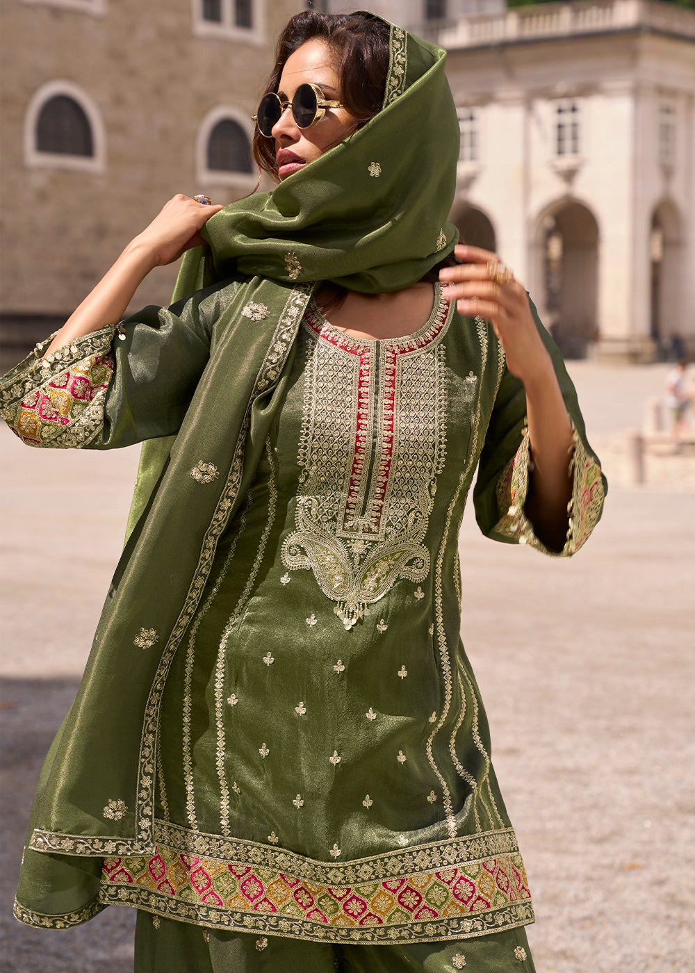 Mehendi Green Simar Silk Embroidered Designer Palazzo Suit