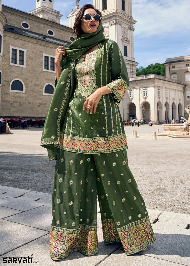 Mehendi Green Simar Silk Embroidered Designer Palazzo Suit