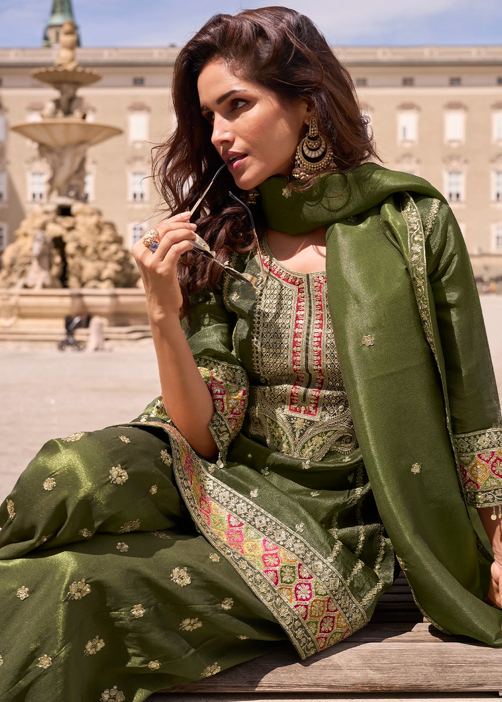 Mehendi Green Simar Silk Embroidered Designer Palazzo Suit