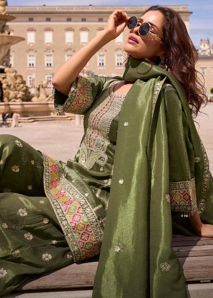 Mehendi Green Simar Silk Embroidered Designer Palazzo Suit