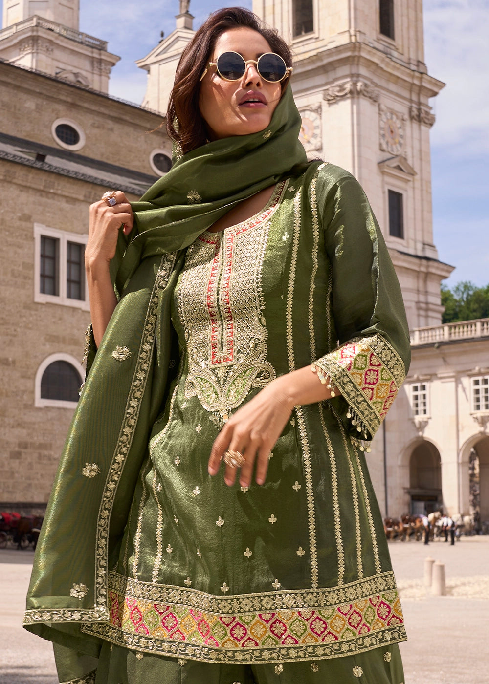Mehendi Green Simar Silk Embroidered Designer Palazzo Suit