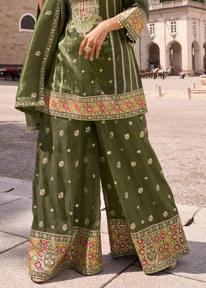 Mehendi Green Simar Silk Embroidered Designer Palazzo Suit