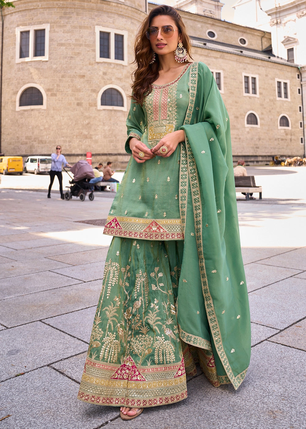 Cool Green Simar Silk Embroidered Designer Palazzo Suit