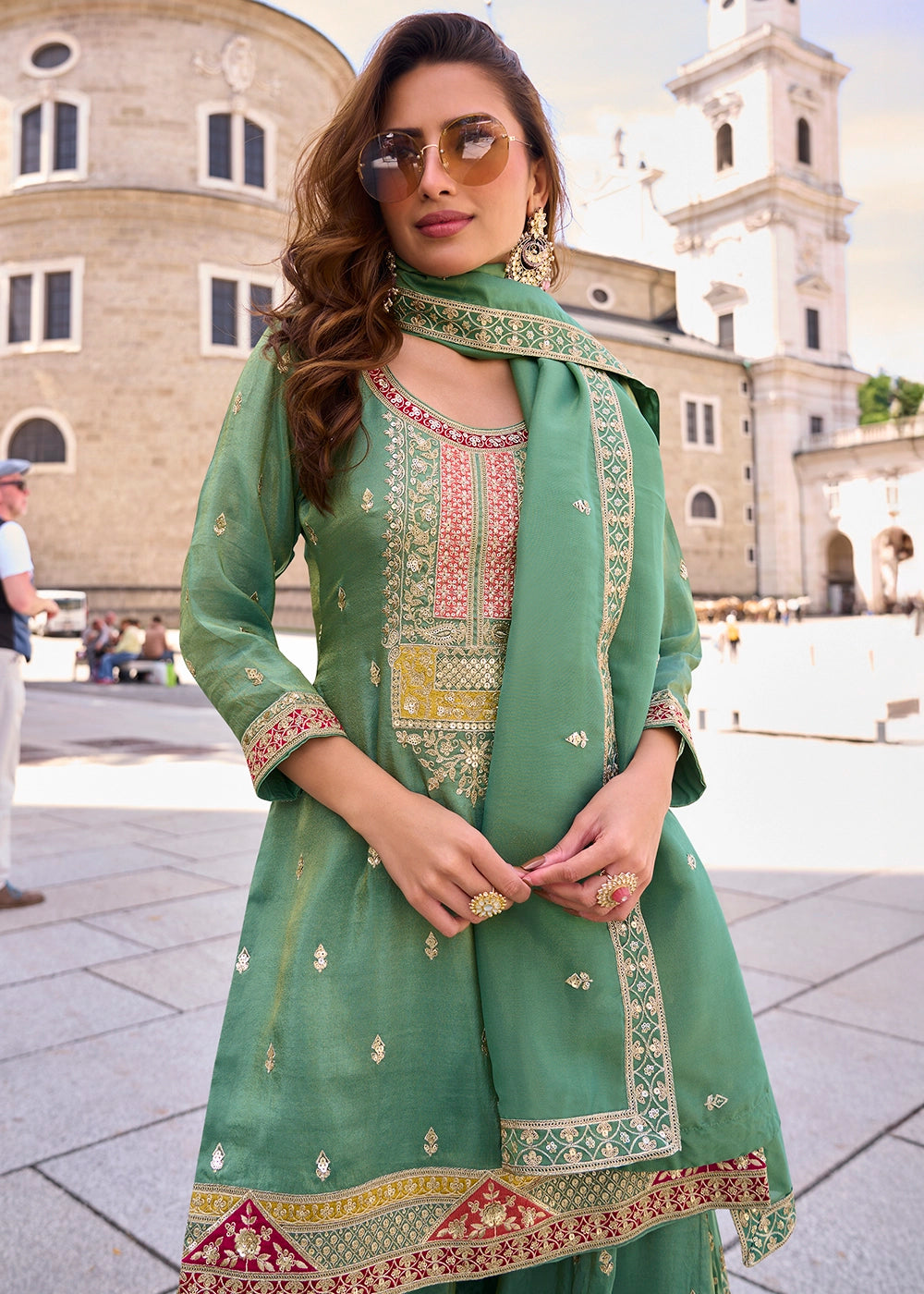 Cool Green Simar Silk Embroidered Designer Palazzo Suit