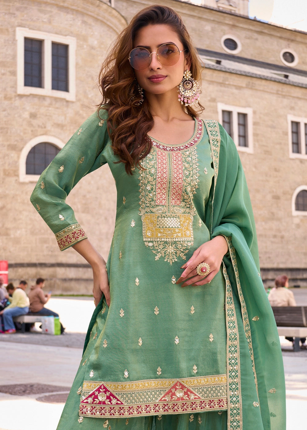 Cool Green Simar Silk Embroidered Designer Palazzo Suit