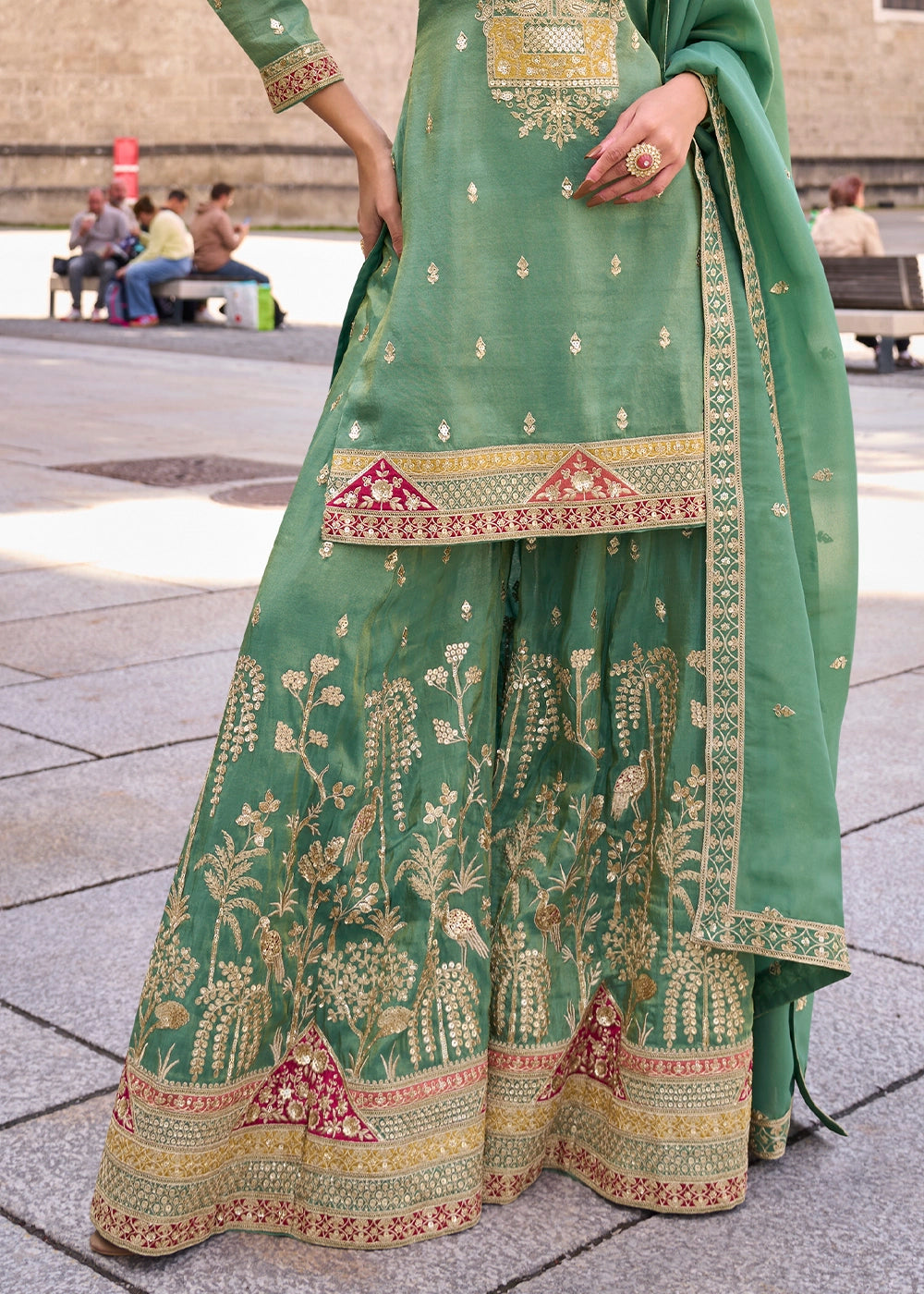 Cool Green Simar Silk Embroidered Designer Palazzo Suit