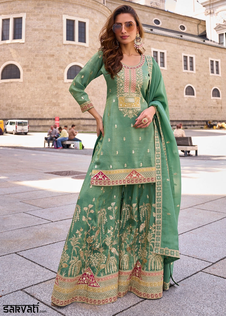 Cool Green Simar Silk Embroidered Designer Palazzo Suit