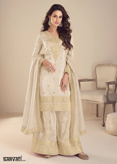 Cream White Simar Silk Embroidered Palazzo Suit