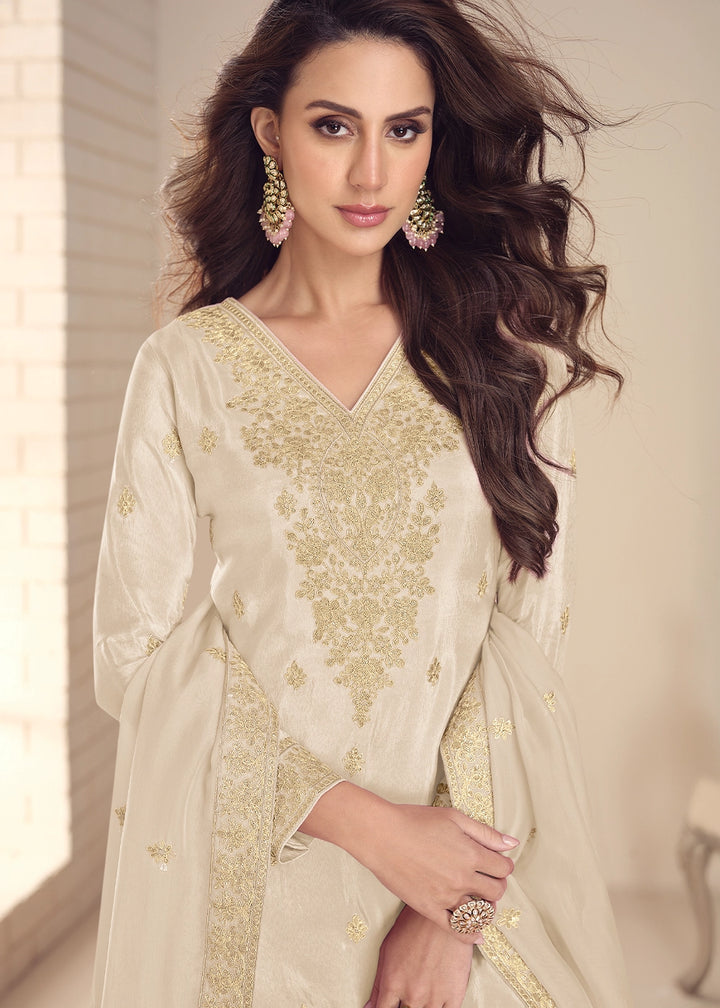 Cream White Simar Silk Embroidered Palazzo Suit