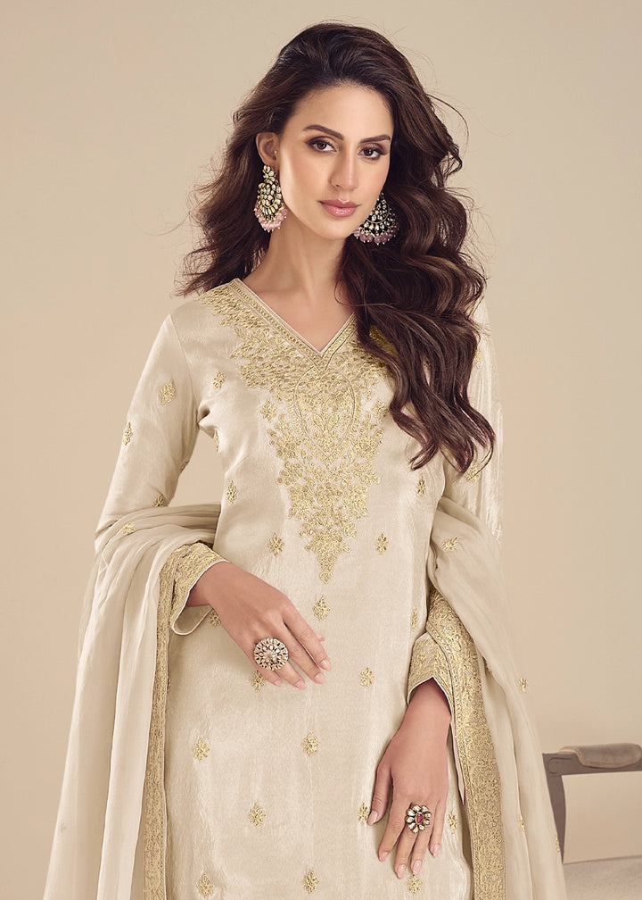 Cream White Simar Silk Embroidered Palazzo Suit