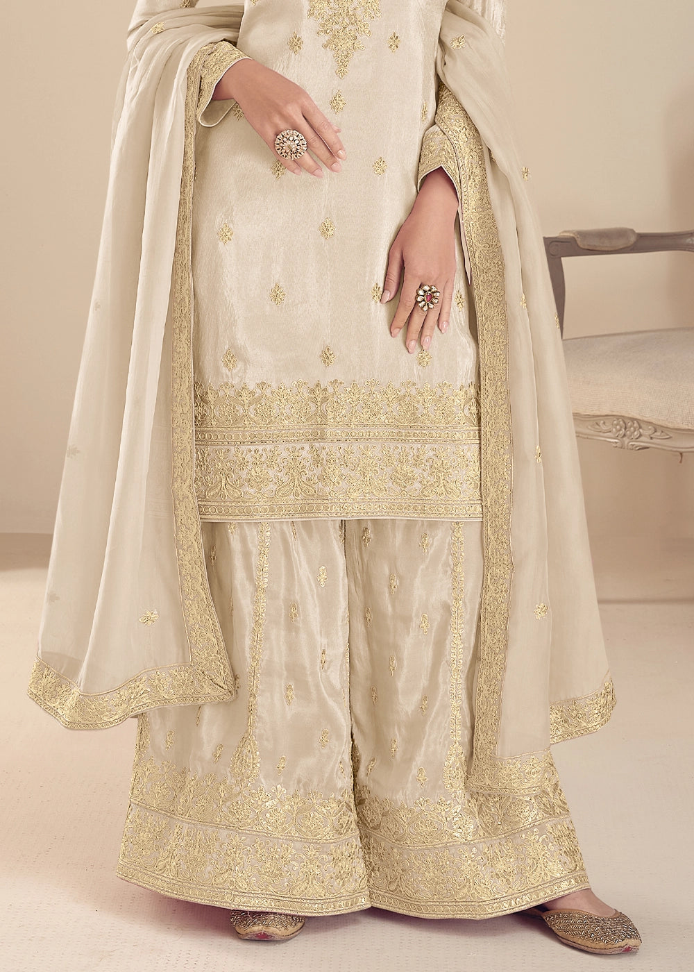 Cream White Simar Silk Embroidered Palazzo Suit
