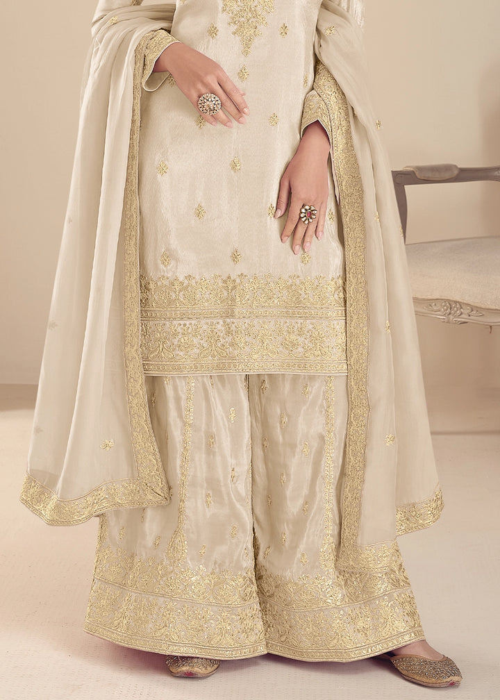 Cream White Simar Silk Embroidered Palazzo Suit
