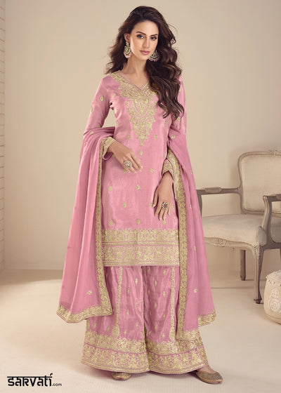 Creamy Pink Simar Silk Embroidered Palazzo Suit