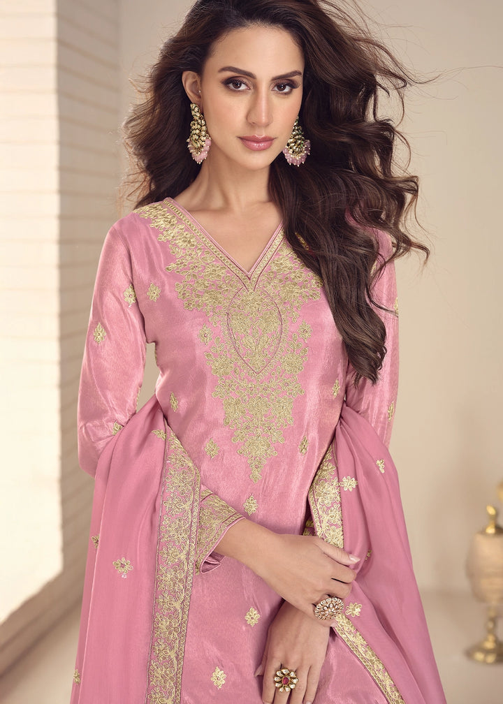 Creamy Pink Simar Silk Embroidered Palazzo Suit