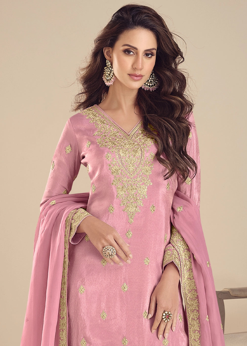 Creamy Pink Simar Silk Embroidered Palazzo Suit