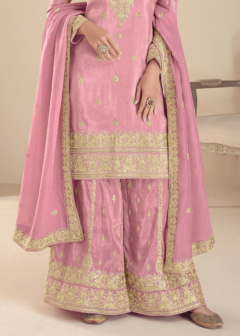 Creamy Pink Simar Silk Embroidered Palazzo Suit