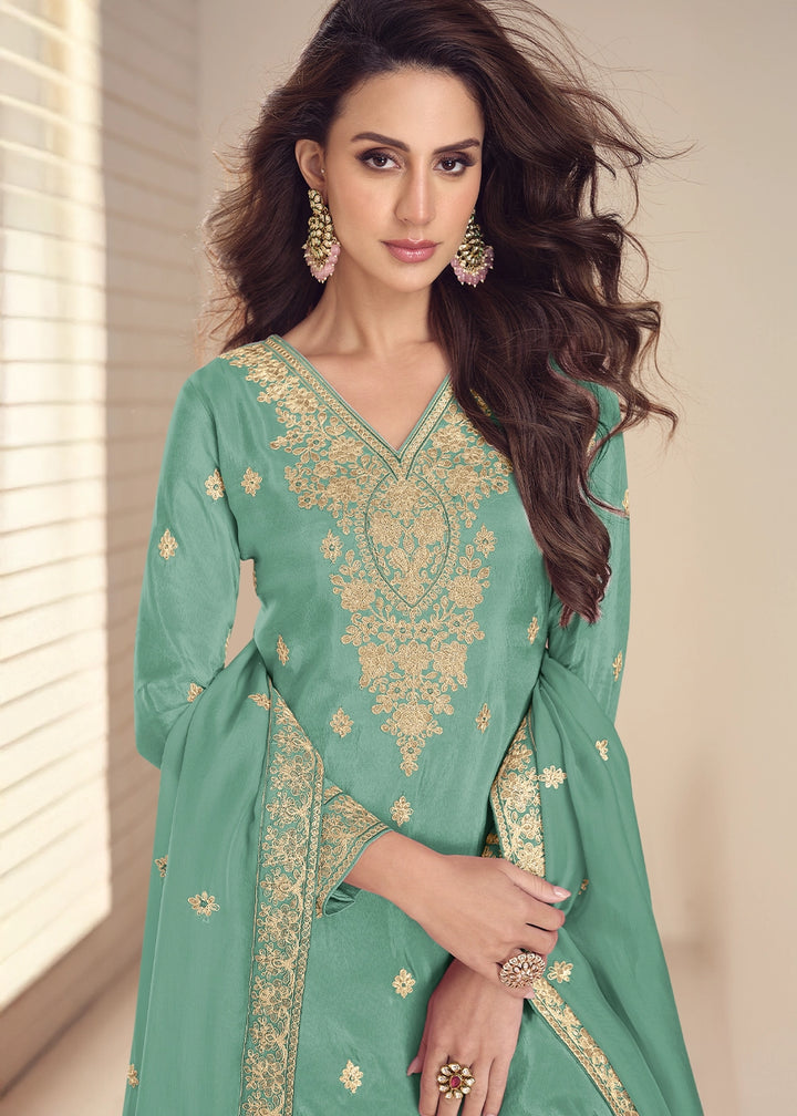 Emerald Green Simar Silk Embroidered Palazzo Suit