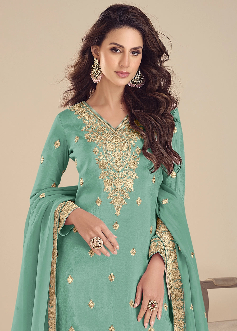 Emerald Green Simar Silk Embroidered Palazzo Suit