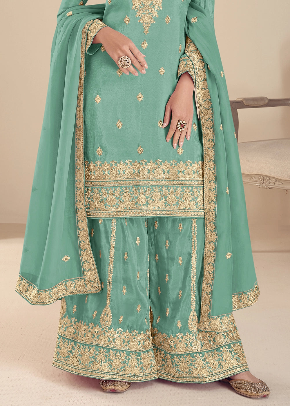 Emerald Green Simar Silk Embroidered Palazzo Suit
