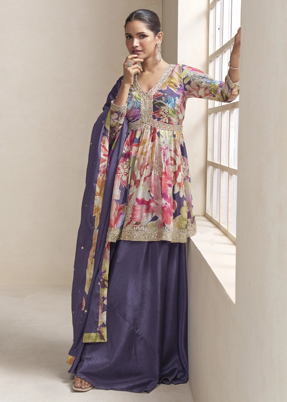 True Purple Floral Chinon Silk Palazzo Suit with Dual-Side Embroidery