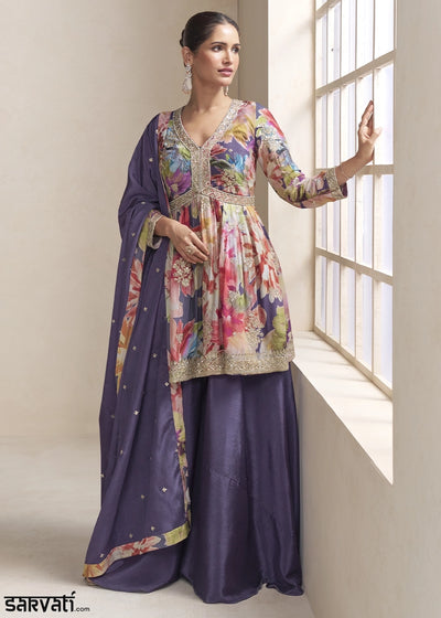 True Purple Floral Chinon Silk Palazzo Suit with Dual-Side Embroidery
