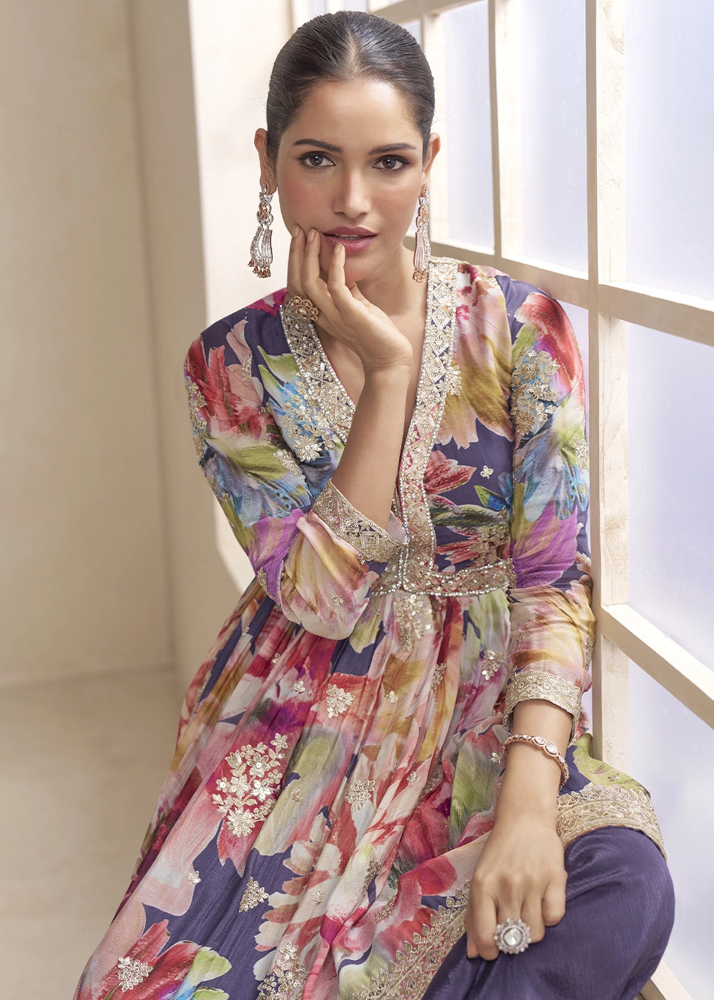 True Purple Floral Chinon Silk Palazzo Suit with Dual-Side Embroidery