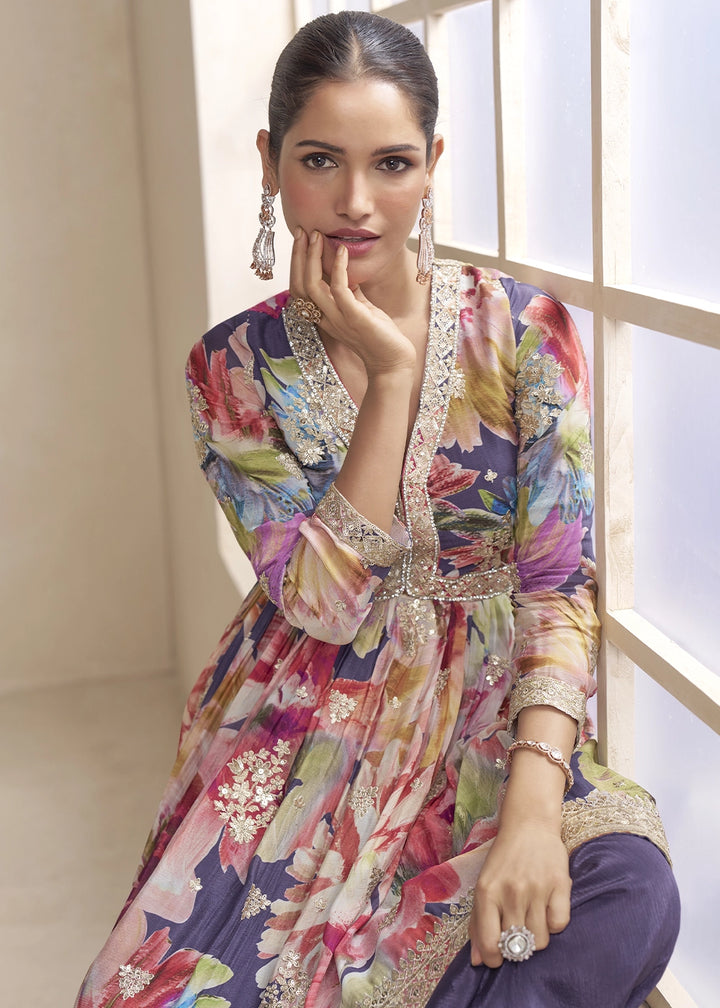 True Purple Floral Chinon Silk Palazzo Suit with Dual-Side Embroidery
