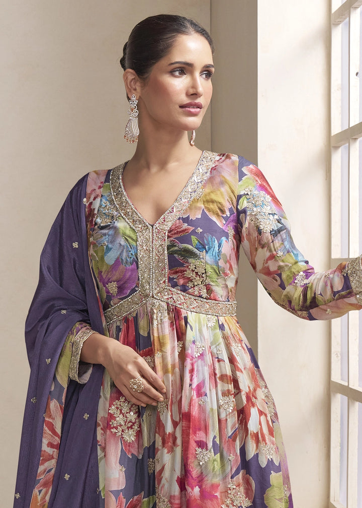 True Purple Floral Chinon Silk Palazzo Suit with Dual-Side Embroidery