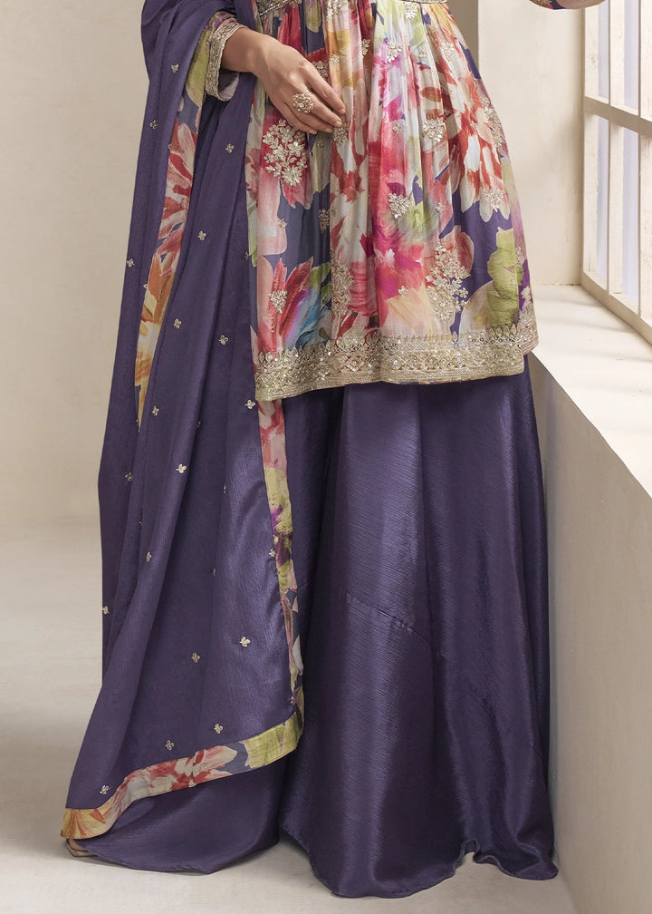 True Purple Floral Chinon Silk Palazzo Suit with Dual-Side Embroidery