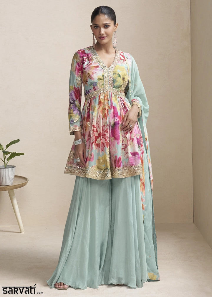 Light Blue Floral Chinon Silk Palazzo Suit with Dual-Side Embroidery