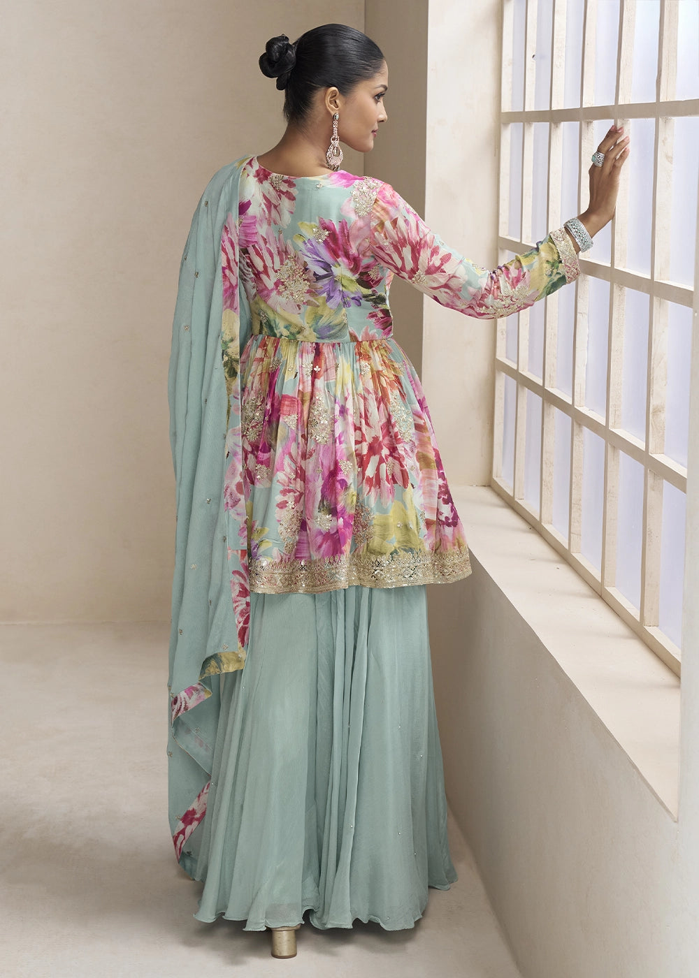 Light Blue Floral Chinon Silk Palazzo Suit with Dual-Side Embroidery