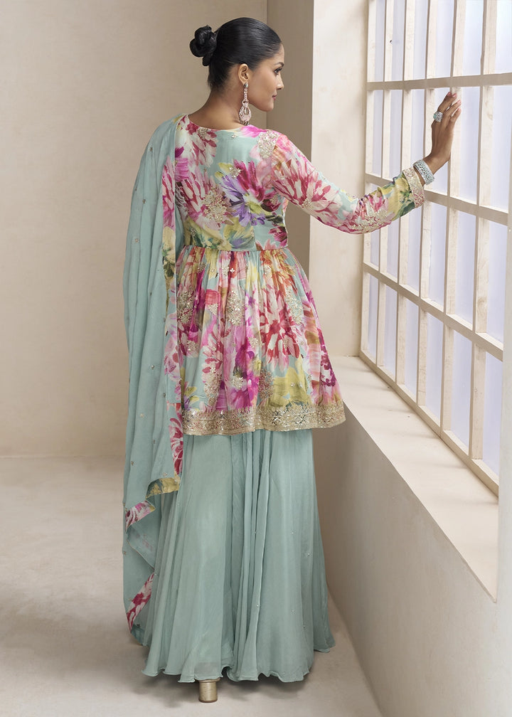 Light Blue Floral Chinon Silk Palazzo Suit with Dual-Side Embroidery