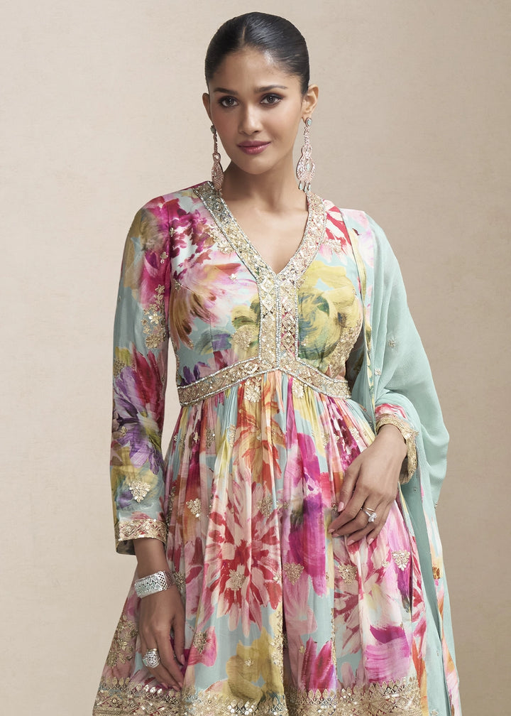 Light Blue Floral Chinon Silk Palazzo Suit with Dual-Side Embroidery