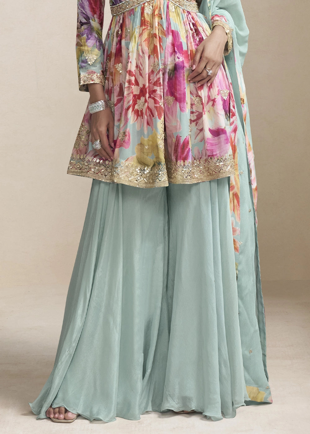 Light Blue Floral Chinon Silk Palazzo Suit with Dual-Side Embroidery