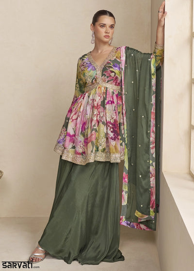 Pine Green Floral Chinon Silk Palazzo Suit with Dual-Side Embroidery