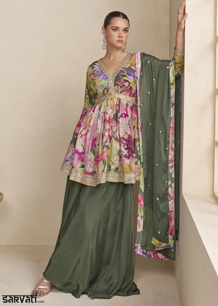 Pine Green Floral Chinon Silk Palazzo Suit with Dual-Side Embroidery