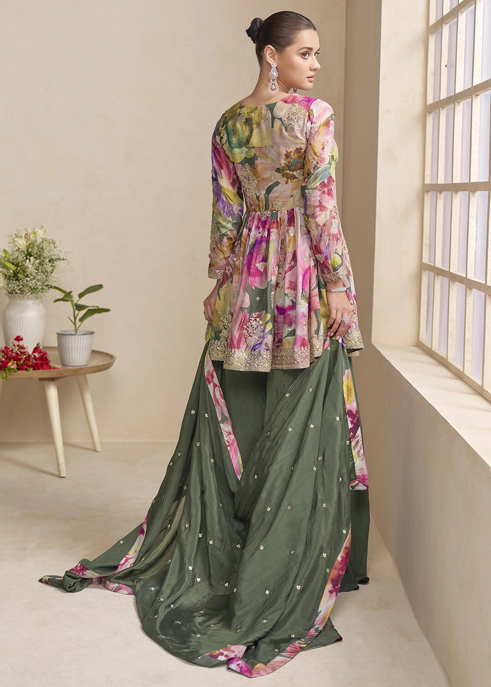 Pine Green Floral Chinon Silk Palazzo Suit with Dual-Side Embroidery
