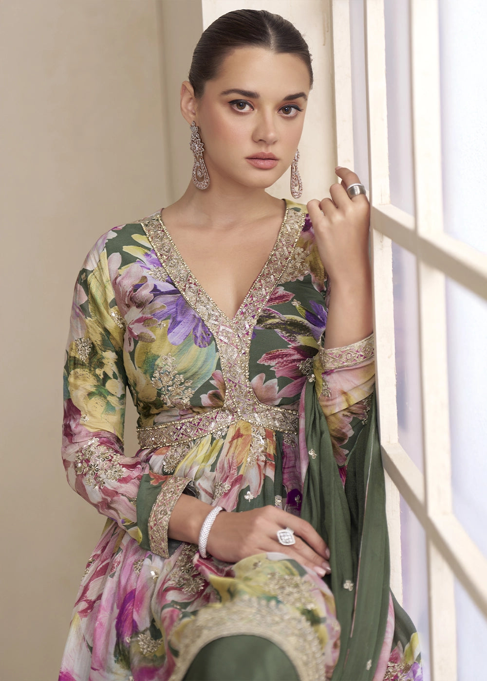 Pine Green Floral Chinon Silk Palazzo Suit with Dual-Side Embroidery