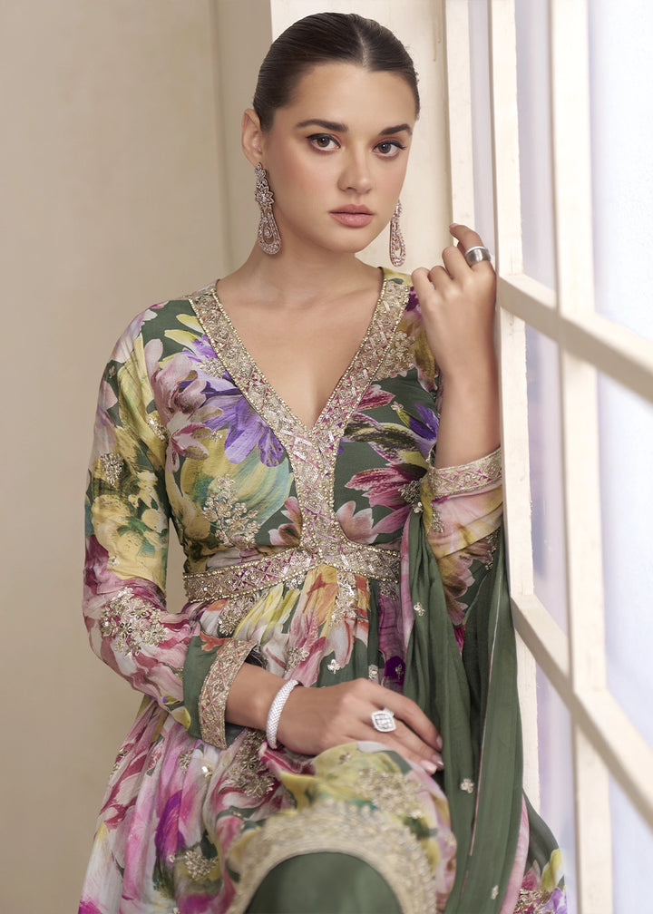 Pine Green Floral Chinon Silk Palazzo Suit with Dual-Side Embroidery