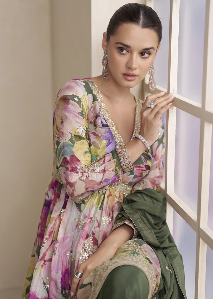 Pine Green Floral Chinon Silk Palazzo Suit with Dual-Side Embroidery