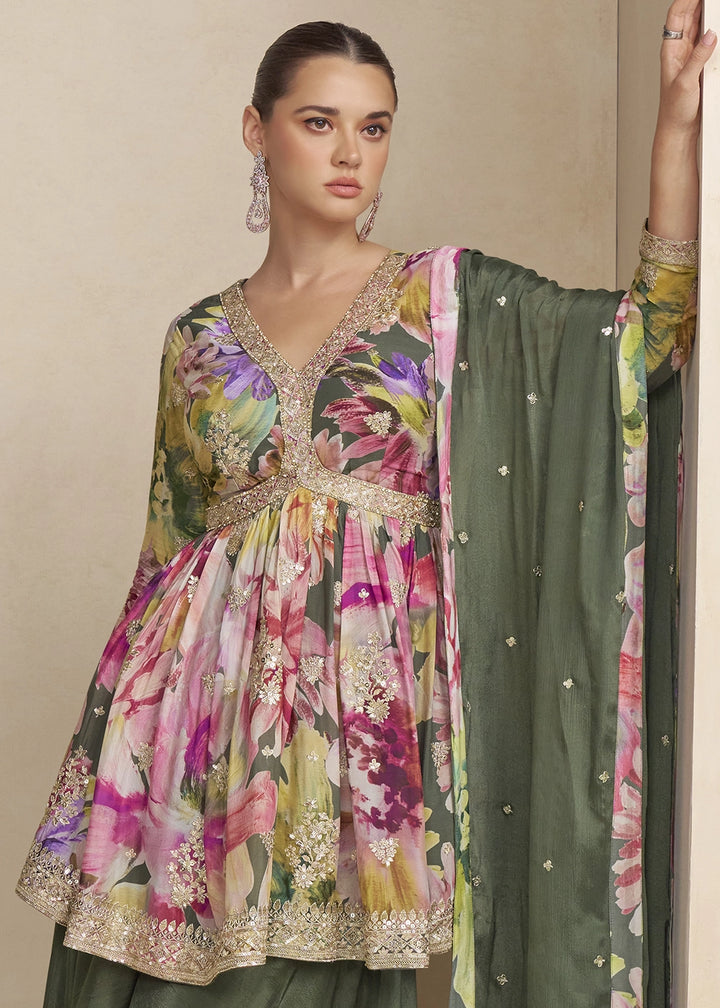 Pine Green Floral Chinon Silk Palazzo Suit with Dual-Side Embroidery