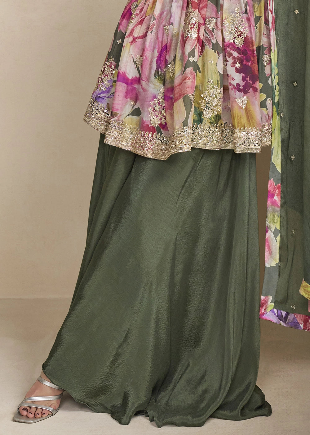 Pine Green Floral Chinon Silk Palazzo Suit with Dual-Side Embroidery