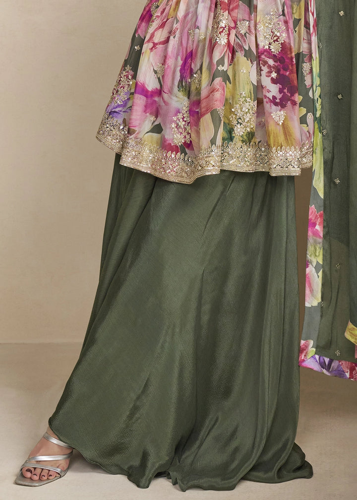 Pine Green Floral Chinon Silk Palazzo Suit with Dual-Side Embroidery