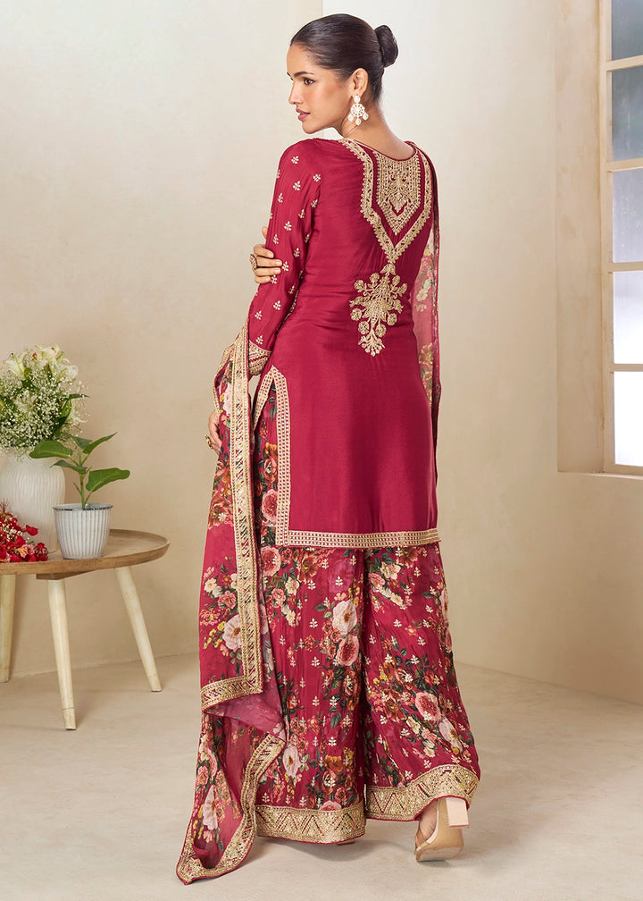 Raspberry Red Floral Print Palazzo Suit in Chinon Silk with Embroidered Detailing