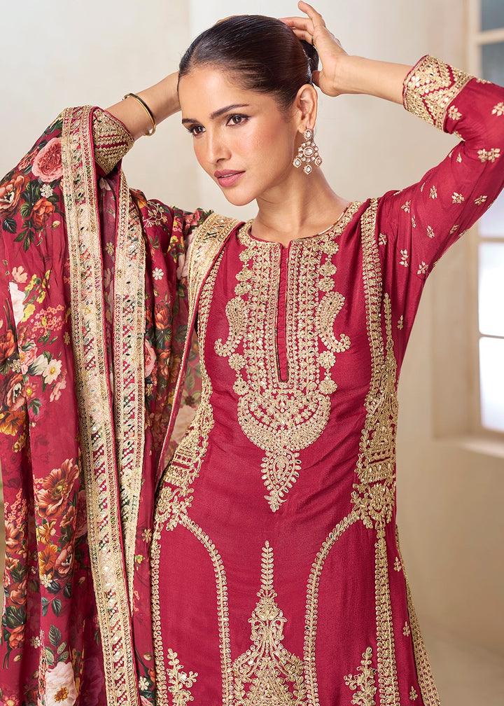Raspberry Red Floral Print Palazzo Suit in Chinon Silk with Embroidered Detailing