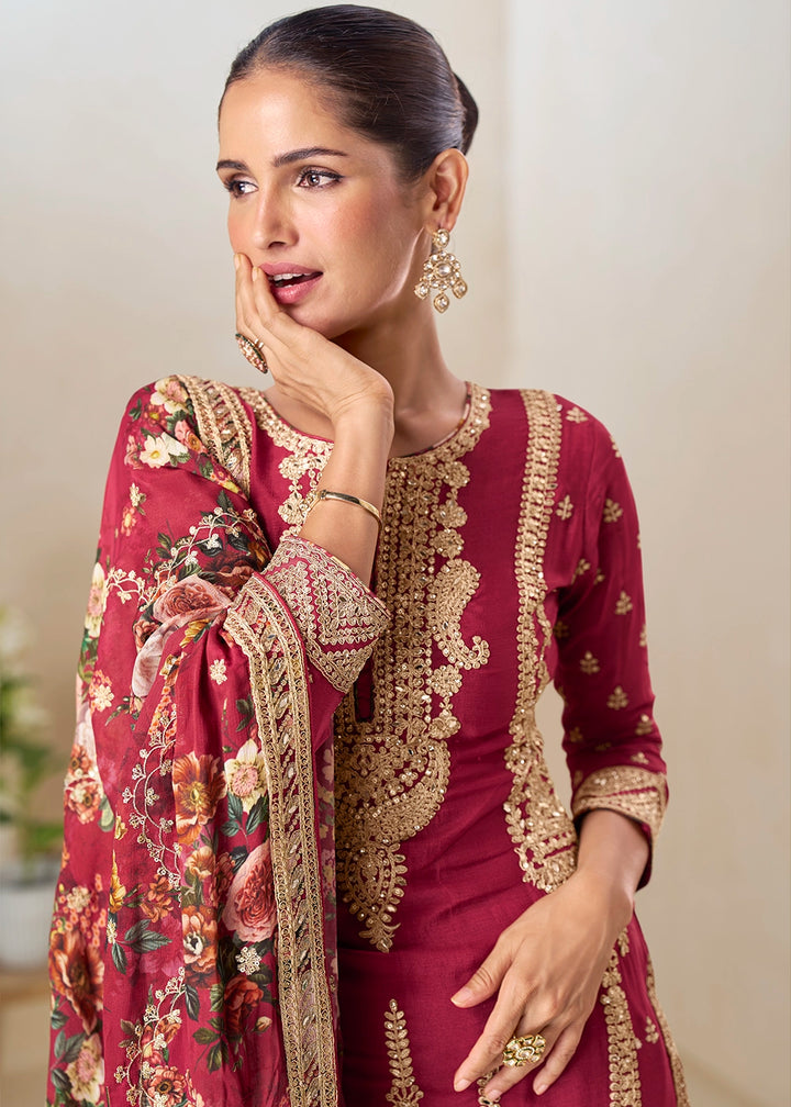 Raspberry Red Floral Print Palazzo Suit in Chinon Silk with Embroidered Detailing