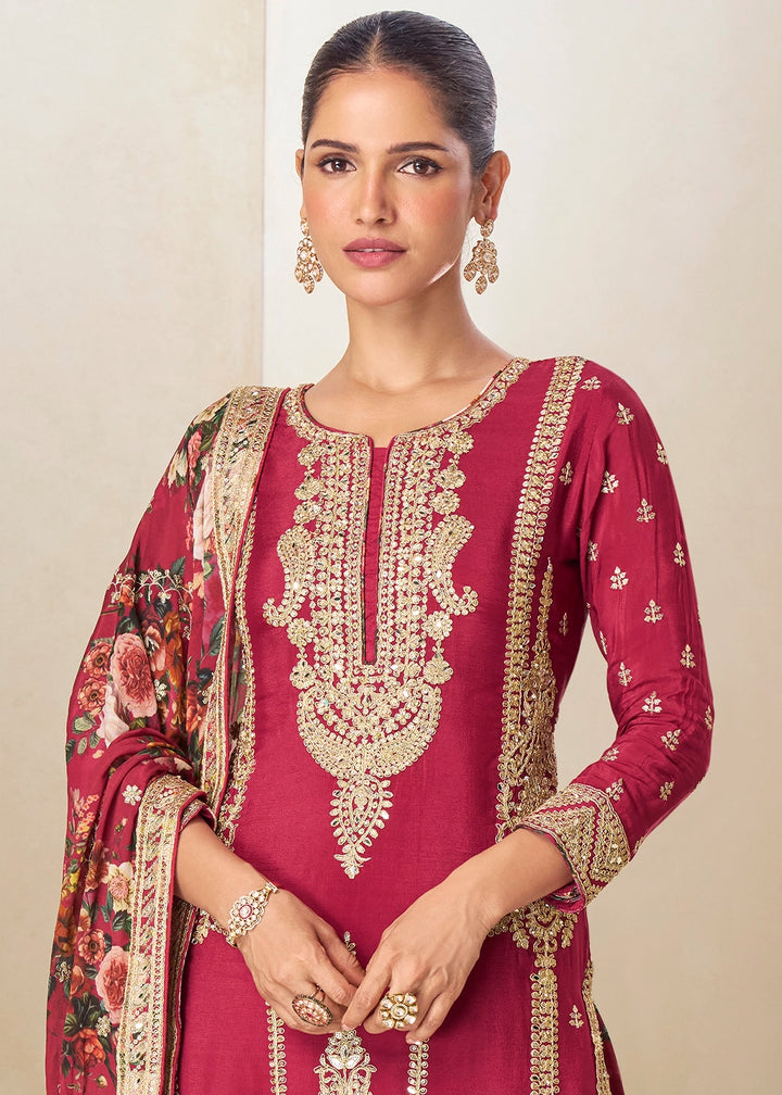 Raspberry Red Floral Print Palazzo Suit in Chinon Silk with Embroidered Detailing