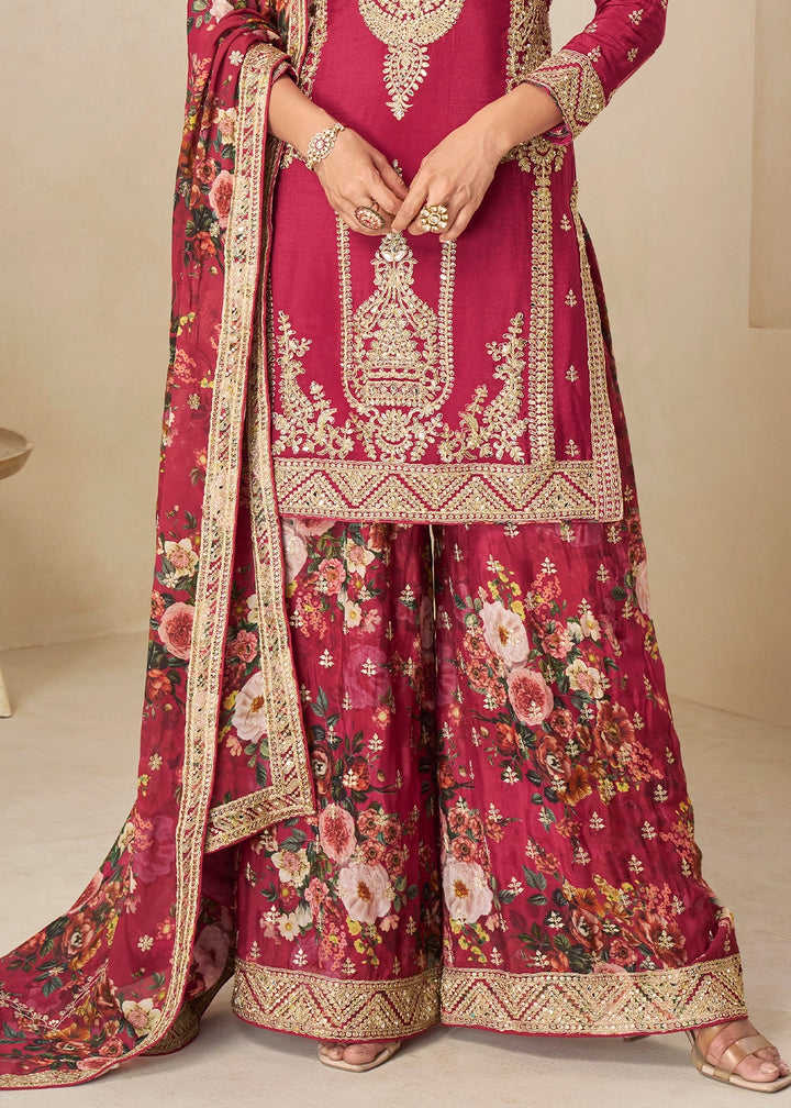 Raspberry Red Floral Print Palazzo Suit in Chinon Silk with Embroidered Detailing