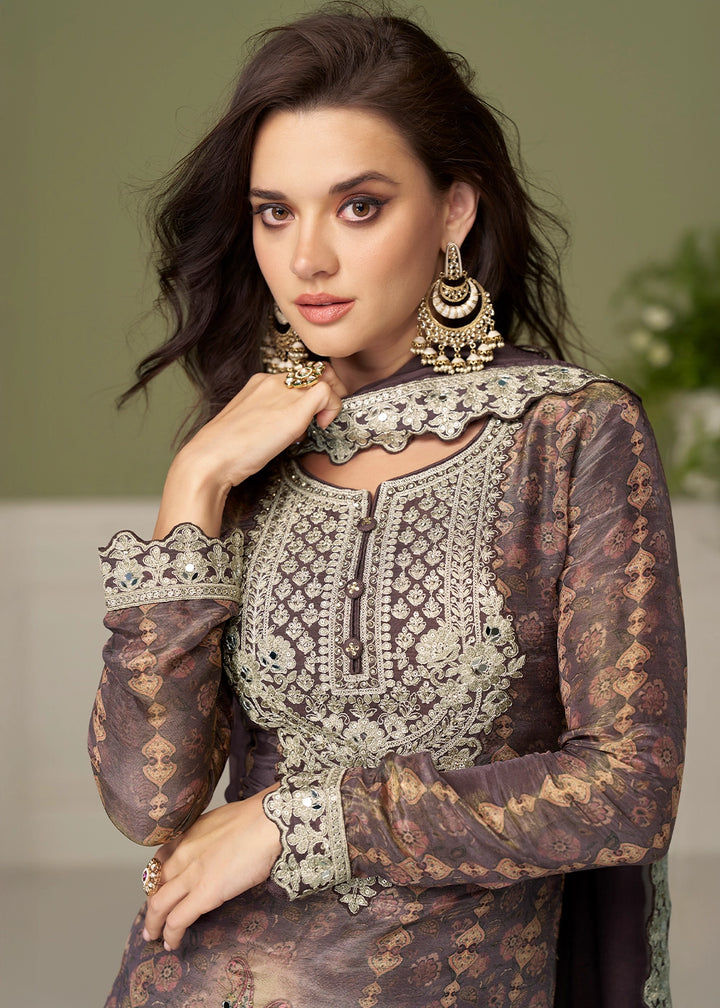 Chinese Purple Chinon Silk Printed Palazzo Suit with Embroidery