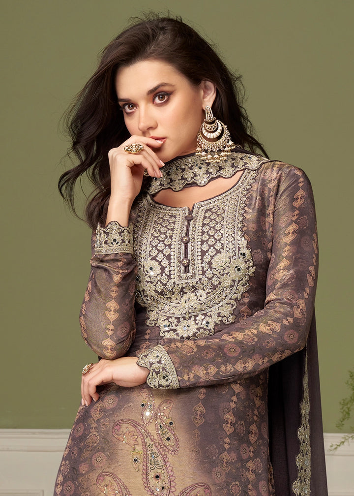 Chinese Purple Chinon Silk Printed Palazzo Suit with Embroidery